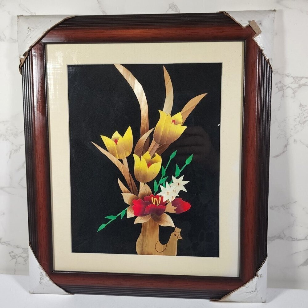 Chinese Asian Wheat Straw Wood Art Tulips Chicken Floral Yellow Red Framed 12x14